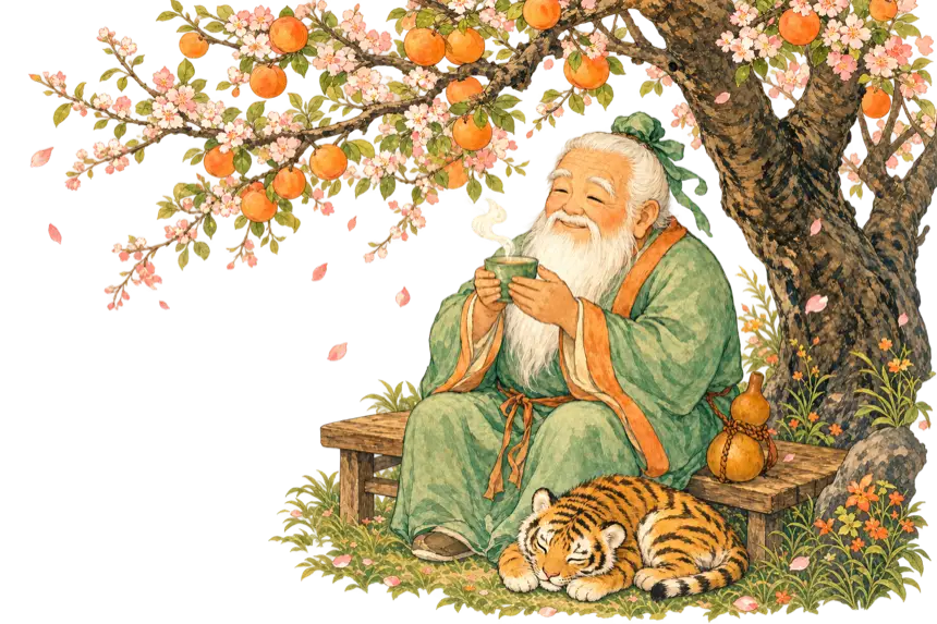 Lao Xinglin drinking tea on a bench beneath a blossoming apricot tree, the tiger cub asleep at his feet