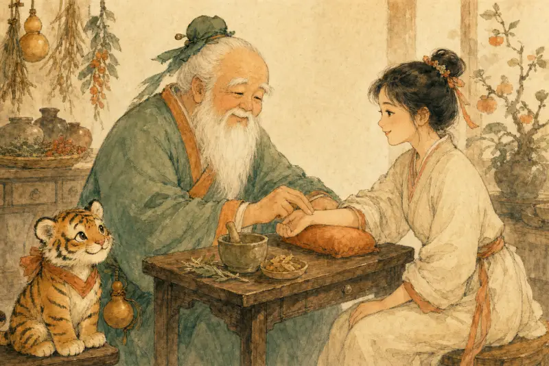 Lao Xinglin taking a patient's pulse